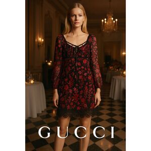 open lace back dress Gucci Logo and Lace-Trimmed Dress, S / Blue main image 0